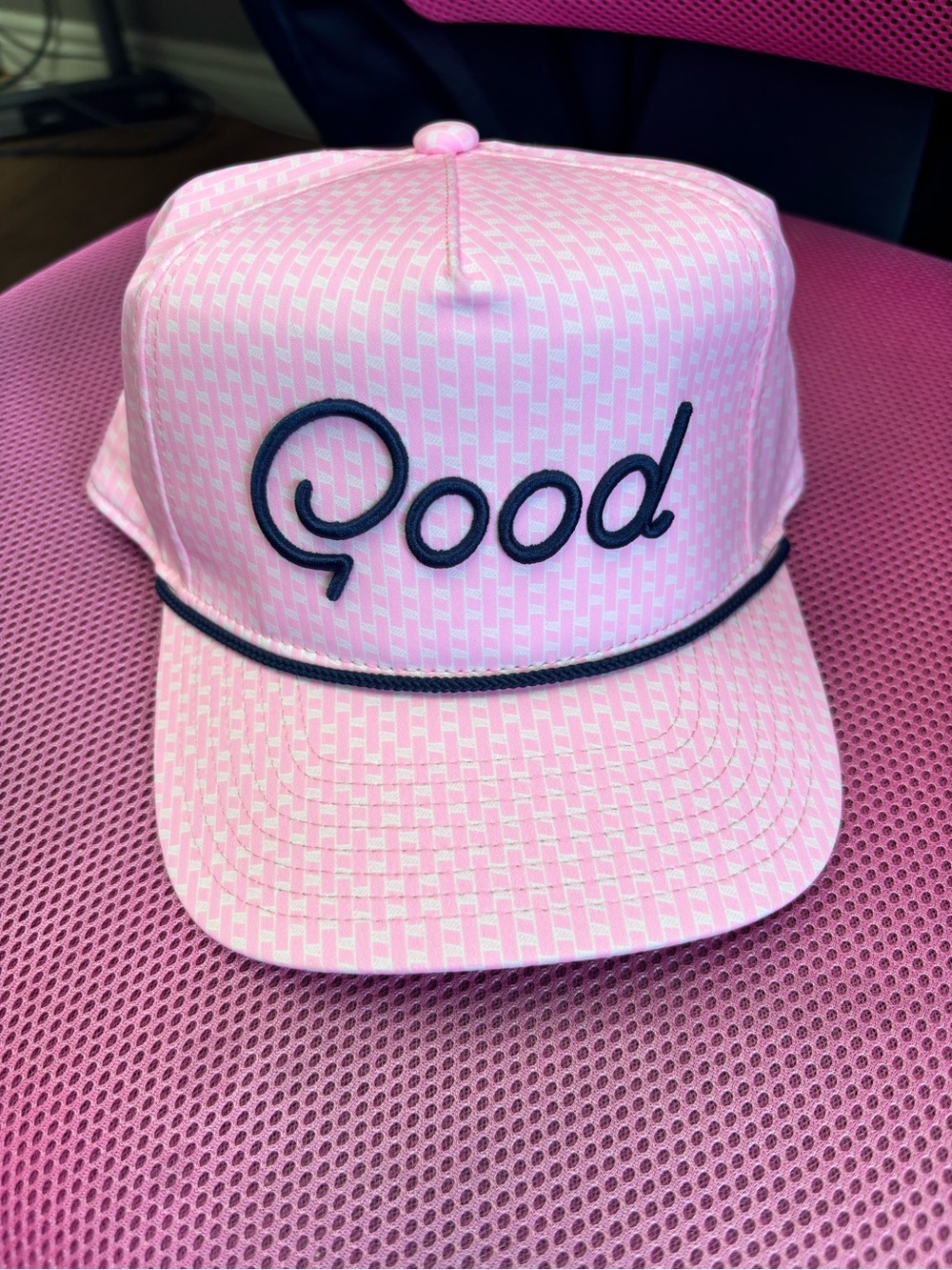 Good Good Golf Embroidered Pink Snapback Hat with Navy Trim